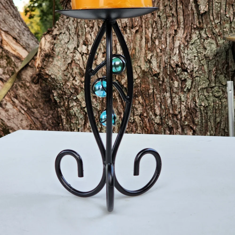 Pillar Wrought Iron Candle Holder‎ With Blue Crystals